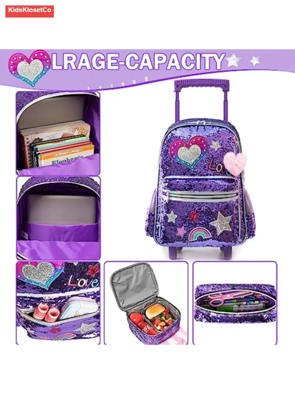 Rolling Backpack with Wheels for Kids Sequin Girls School Luggage with Lunch